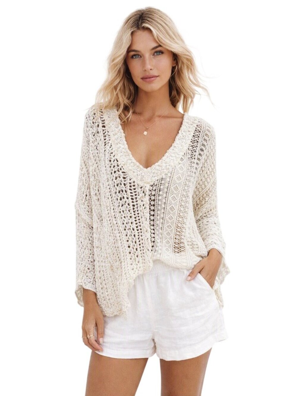 POL Beachy Crochet Lace Open Knit Cardigan Sweater Womens L Ivory Lightweight